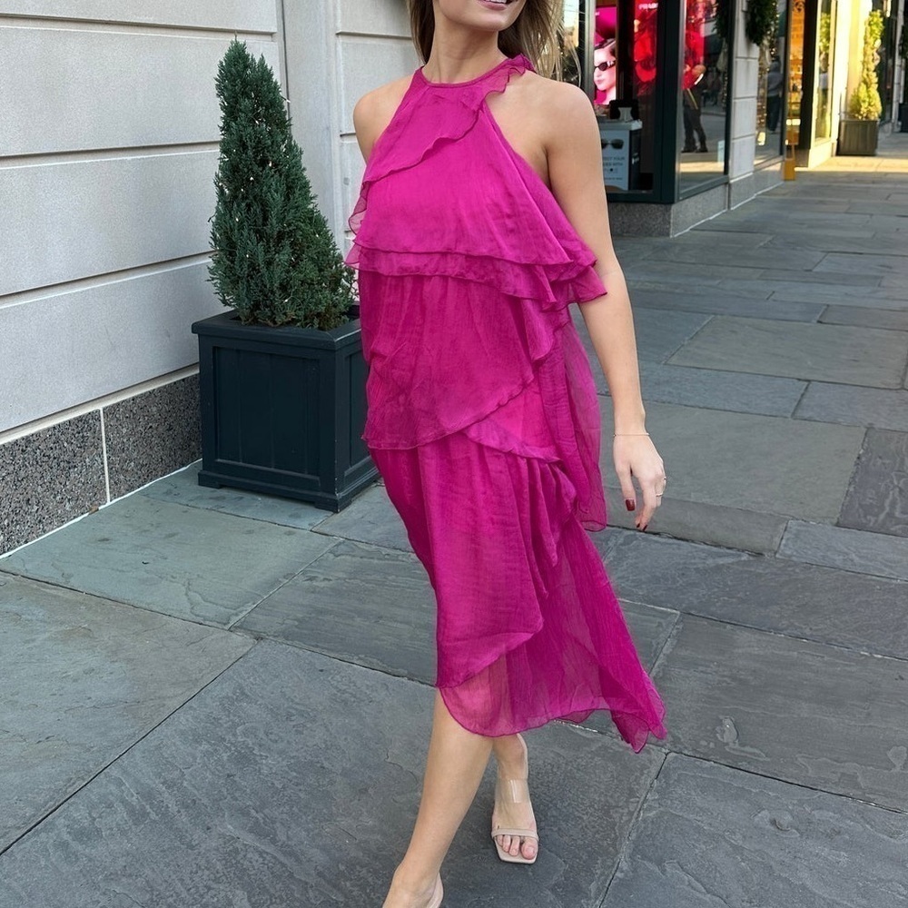 Women’s Sleeveless Asymmetrical Tiered Pink Midi Dress Size Medium - Picture 4 of 7